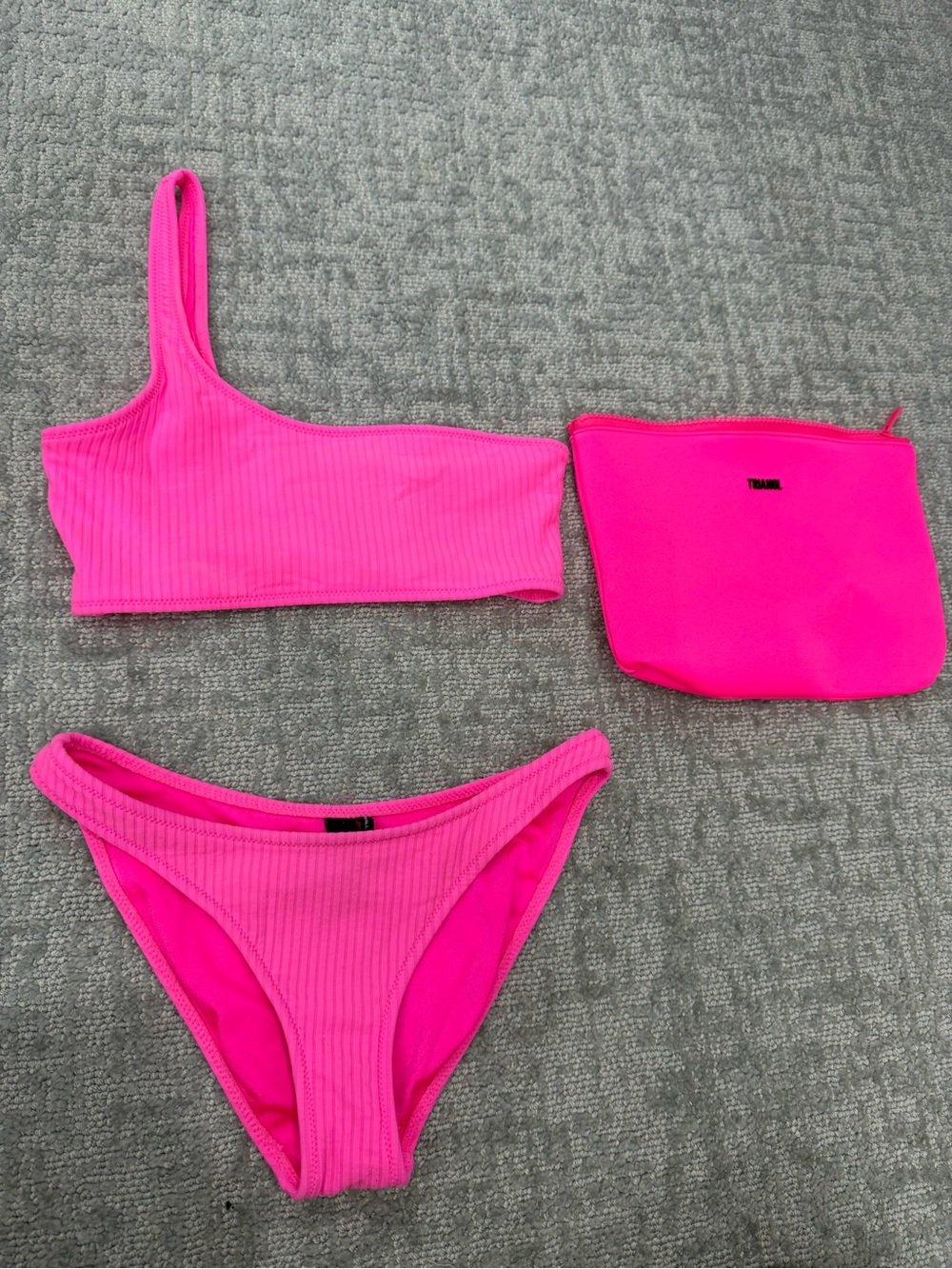 triangl swimwear Hot Pink Ribbed One-Shoulder Bikini Set with Pouch